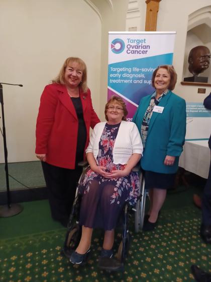 A photo of Diane, and MP Sharon Hodgson and Target Ovarian Cancer CEO Annwen Jones at the Pathfinder 2022 in event in Westminster