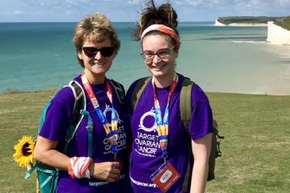 Two Target Ovarian Fundraisers walking along a coastal path as part of the South Coast Challenge