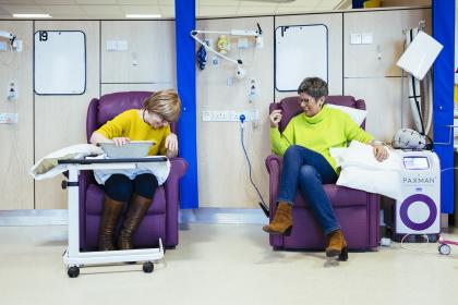 Two women laughing during chemotherapy