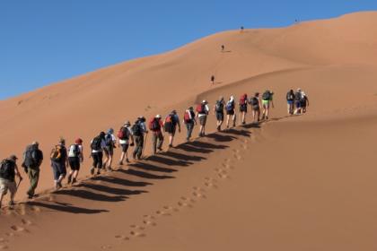 A group of trekkers in the Sahara Desert 