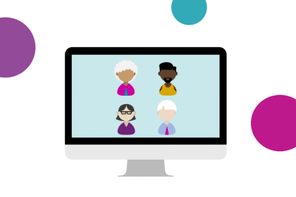 Cartoon illustration of four people on a computer screen enjoying Target Ovarian Cancer's virtual quiz
