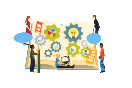 Illustration showing an open book with cogs on it with people, speech bubbles, ladders and a laptop around the outside