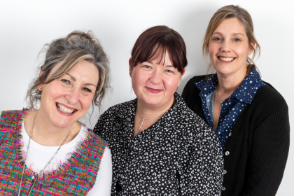A photo of Target Ovarian Cancer's specialist support line nurses, Val, Rachel and Luisa