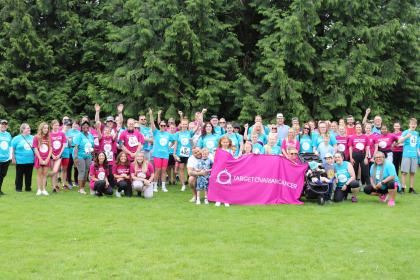 A large group of fundraisers taking part in the Ovarian Cancer Walk Run Cardiff.JPG