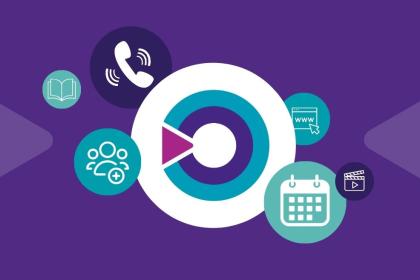 A graphic image of the Target Ovarian Cancer logo with phone and email symbols surrounding