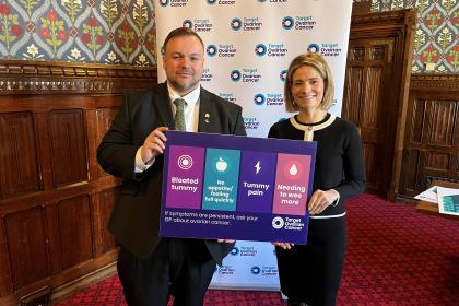 Terry Jermy MP and Target Ovarian Cancer CEO Catherine Hart at the Ovar-Dressed Westminster event