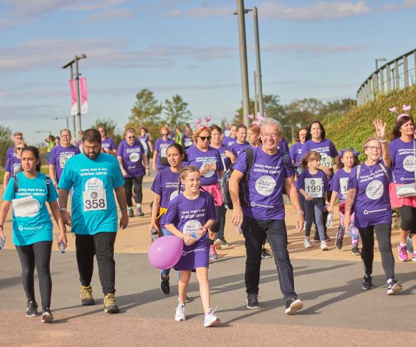 A group of fundraisers walking at the Target Ovarian Cancer Walk| Run