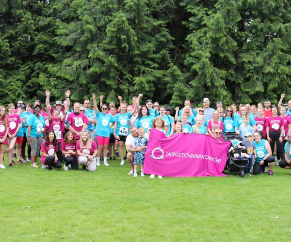 A large group of fundraisers taking part in the Ovarian Cancer Walk Run Cardiff.JPG