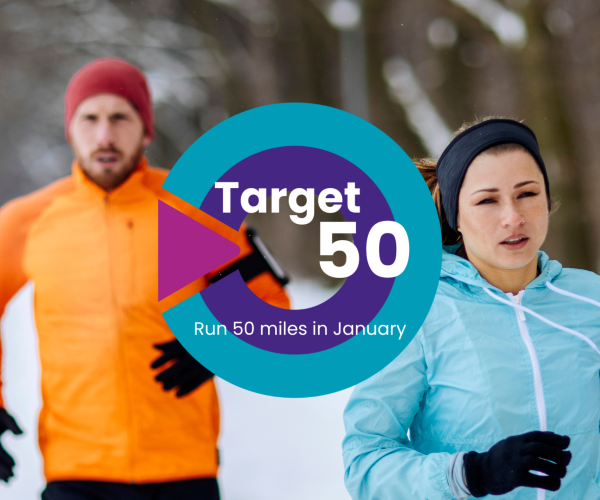 Two people running outside in snow with the Target 50 logo over the top
