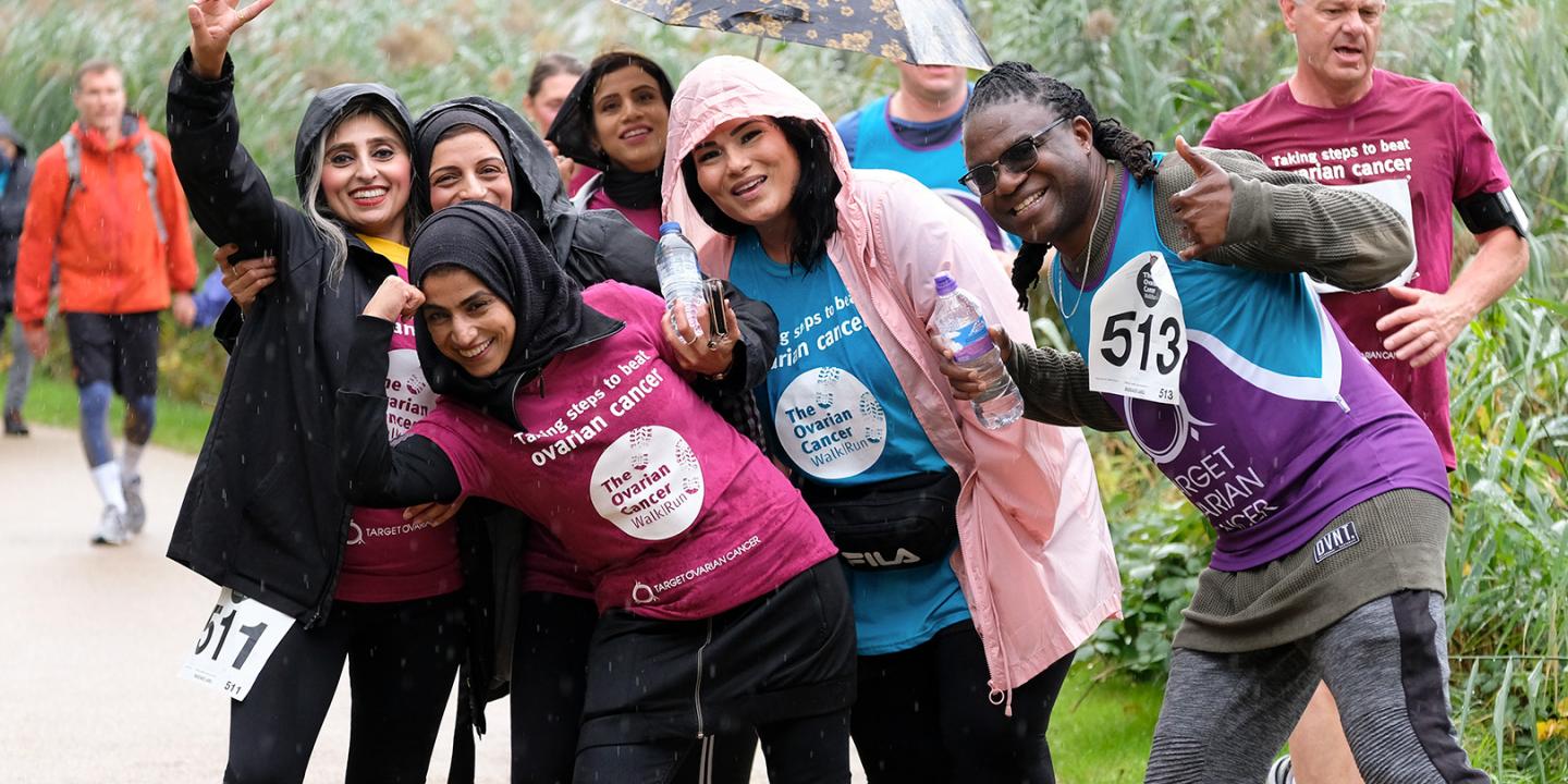 Target Ovarian Cancer fundraisers posing together during a Target Ovarian Cancer WalkRun event