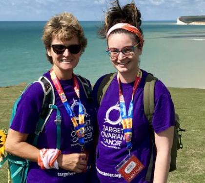 Two Target Ovarian Fundraisers walking along a coastal path as part of the South Coast Challenge