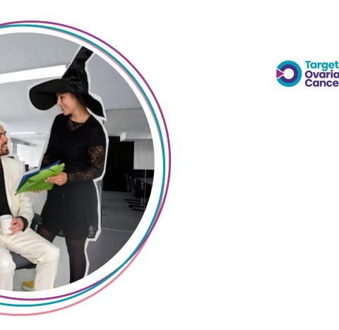 People in an office in fancy dress costume, with the Ovar-Dressed logo in the corner
