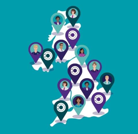 A graphic map of the UK with different locations pinned