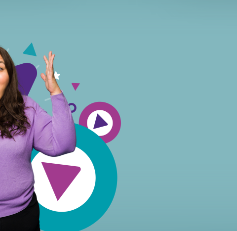 A graphic showing a woman holding her phone looking excited