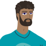 An illustration of a male with a beard and dark hair wearing a teal jumper