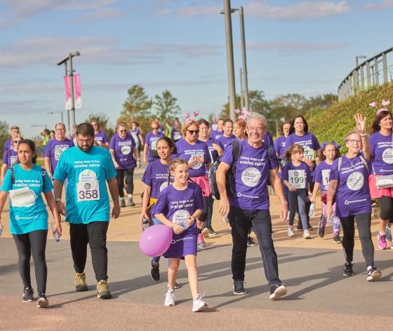A group of fundraisers walking at the Target Ovarian Cancer Walk| Run