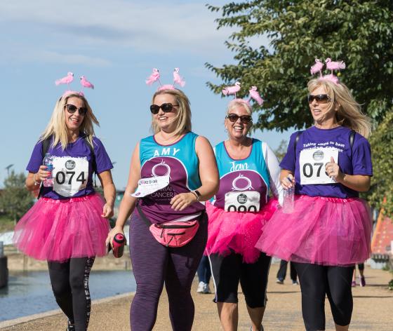 Four fundraisers walking in costume at the Ovarian Cancer Walk|Run