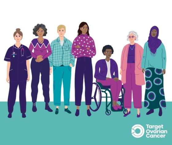 Target Ovarian Cancer people illustrations all standing in a line