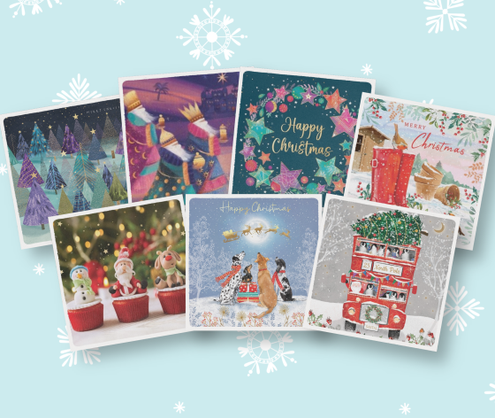 A graphic showing seven different Christmas card designs against a snowy background