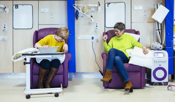 Two women laughing during chemotherapy