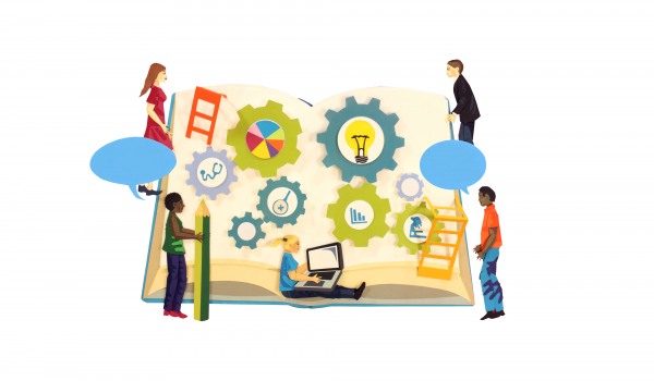 Illustration showing an open book with cogs on it with people, speech bubbles, ladders and a laptop around the outside