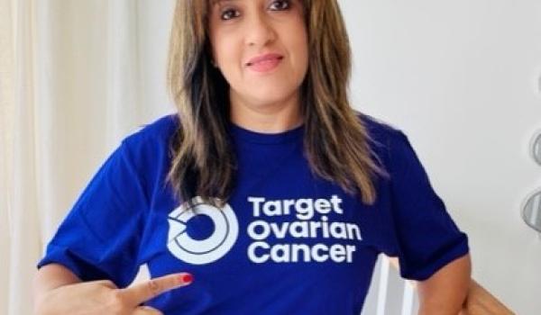 Reeta wearing a purple Target Ovarian Cancer tshirt