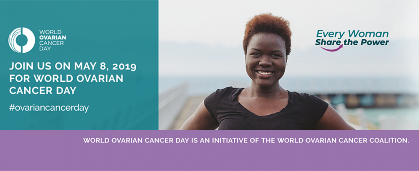 A woman smiling in a black t-shirt. Text reads 'Join us on May 8, 2019 for World Ovarian Cancer Day'