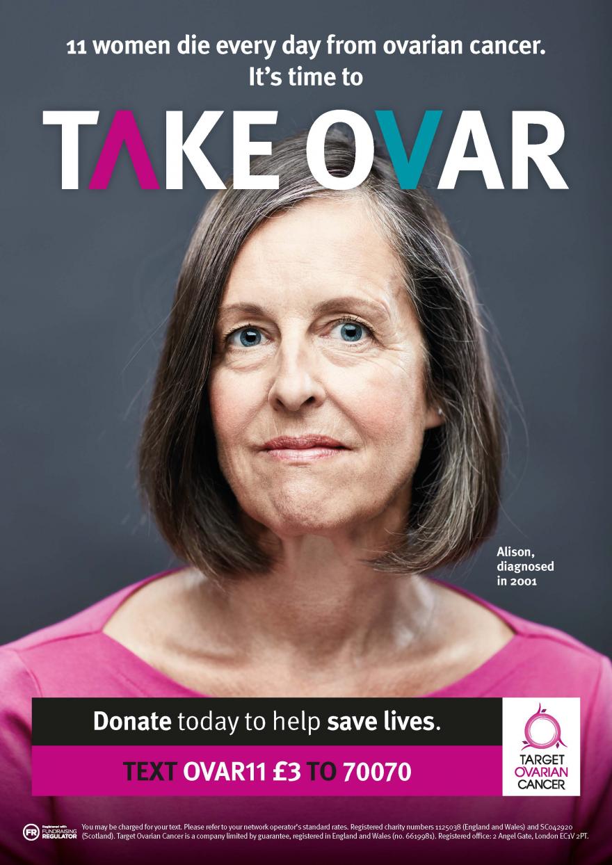 Alison, a woman with ovarian cancer and psycho-oncology clinical nurse specialist, featuring on a Target Ovarian Cancer TAKE OVAR campaign poster