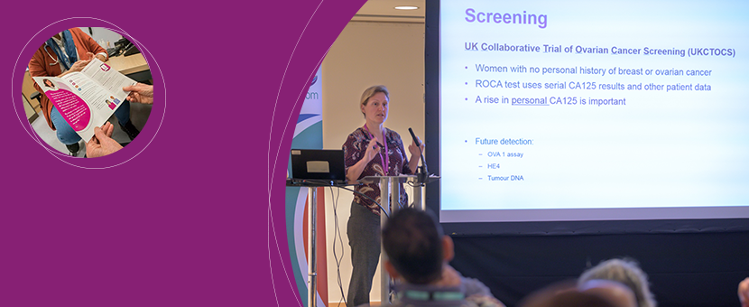 Dr Victoria Barber presenting at a Target Ovarian Cancer GP training day and a separate image of a Target Ovarian Cancer leaflet