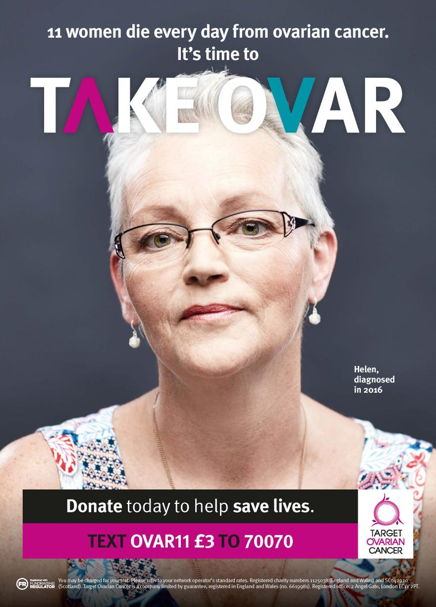 Helen, a woman with ovarian cancer, featuring on a Target Ovarian Cancer TAKE OVAR campaign poster