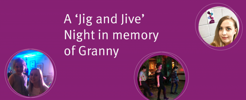 Text reads 'A 'Jig and Jive' Night in memory of Granny on a purple background with three images of fundraisers at the event and dancing