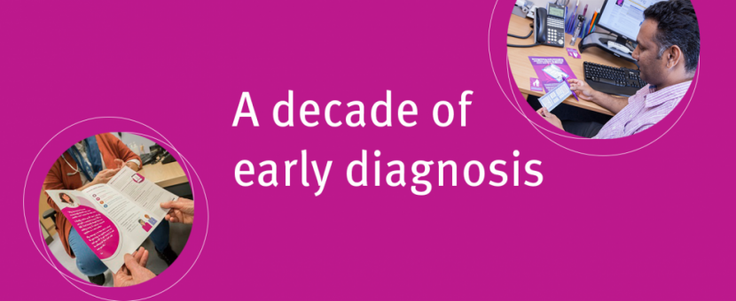 Text reads 'A decade of early diagnosis' with images of an open Target Ovarian Cancer information leaflet and a GP looking at ovarian cancer information