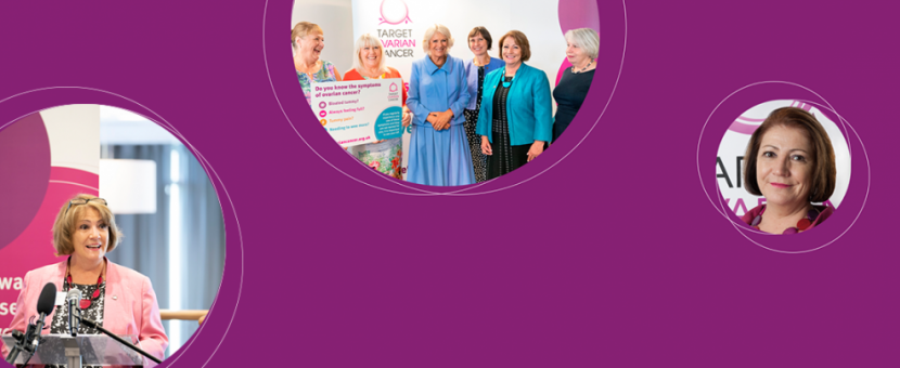 Three images of Annwen Jones, Chief Executive of Target Ovarian Cancer - headshot, giving a speech, at an event with HRH The Duchess of Cornwall - on a purple background