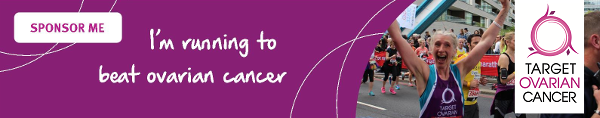 'I'm running to beat ovarian cancer', purple Target Ovarian Cancer sponsorship email signature