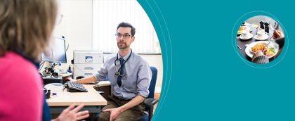 A gp talking to a woman in their office and a separate image of a person eating a meal