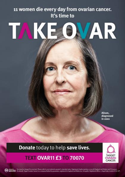 Alison, a woman with ovarian cancer and psycho-oncology clinical nurse specialist, featuring on a Target Ovarian Cancer TAKE OVAR campaign poster