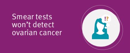 Text reads 'Smear tests won't detect ovarian cancer' on a purple background with a cartoon woman who has a thought bubble