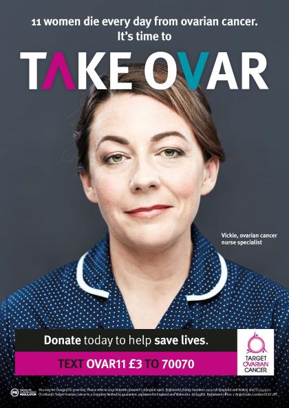 Vickie, a gynaecological cancer nurse specialist featuring on a Target Ovarian Cancer TAKE OVAR campaign poster