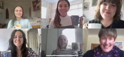 A group of colleagues drinking tea over a video chat
