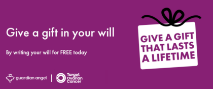 A purple graphic with the words 'give a gift in your will by writing your will for free today' and a white present