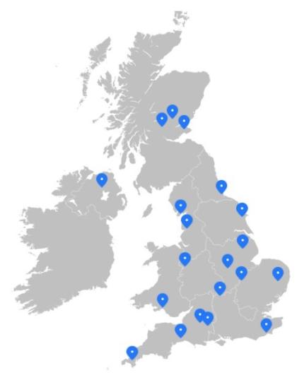 A map showing the locations of all 20 Skyline skydiving centres across the UK