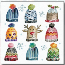 A Christmas card design, with a drawing of festive winter hats