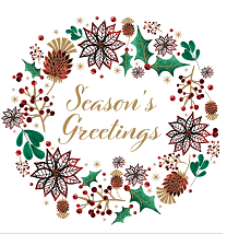 A Christmas card design, with a Christmas wreath design that says 'Season's Greetings'