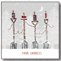 A Christmas card design, with a drawing of four forks with candles on the top, and a caption that reads 'Four Candles'