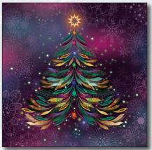A Christmas card design, with a graphic of a Christmas tree