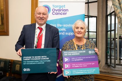 A photo of Jim Dickson MP and Sue Stockham, Target Ovarian Cancer campaigner after meeting at our Parliament reception