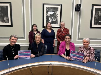 Three Target Ovarian Cancer Campaigners and the Policy and Campaigns team with the First Minister of Northern Ireland