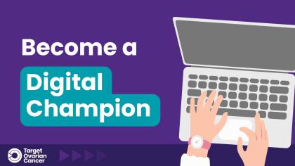 A purple background with white text reading become a digital champion with a graphic of someone typing on a laptop to the right hand side