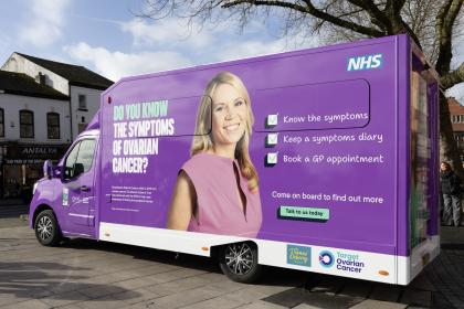 A photo of a purple van which has the words This Van Can on the side and photo of two women