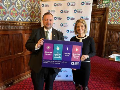 Terry Jermy MP and Target Ovarian Cancer CEO Catherine Hart at the Ovar-Dressed Westminster event